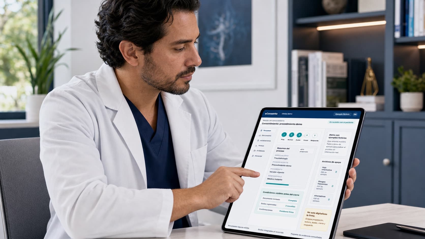 Médico revisando evidencia y resguardo documental de un consentimiento en eConsento.